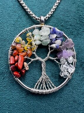 7 Chakra Tree of Life Pendant Artisan-made Wire-wrapped Multicolor Genuine Stone